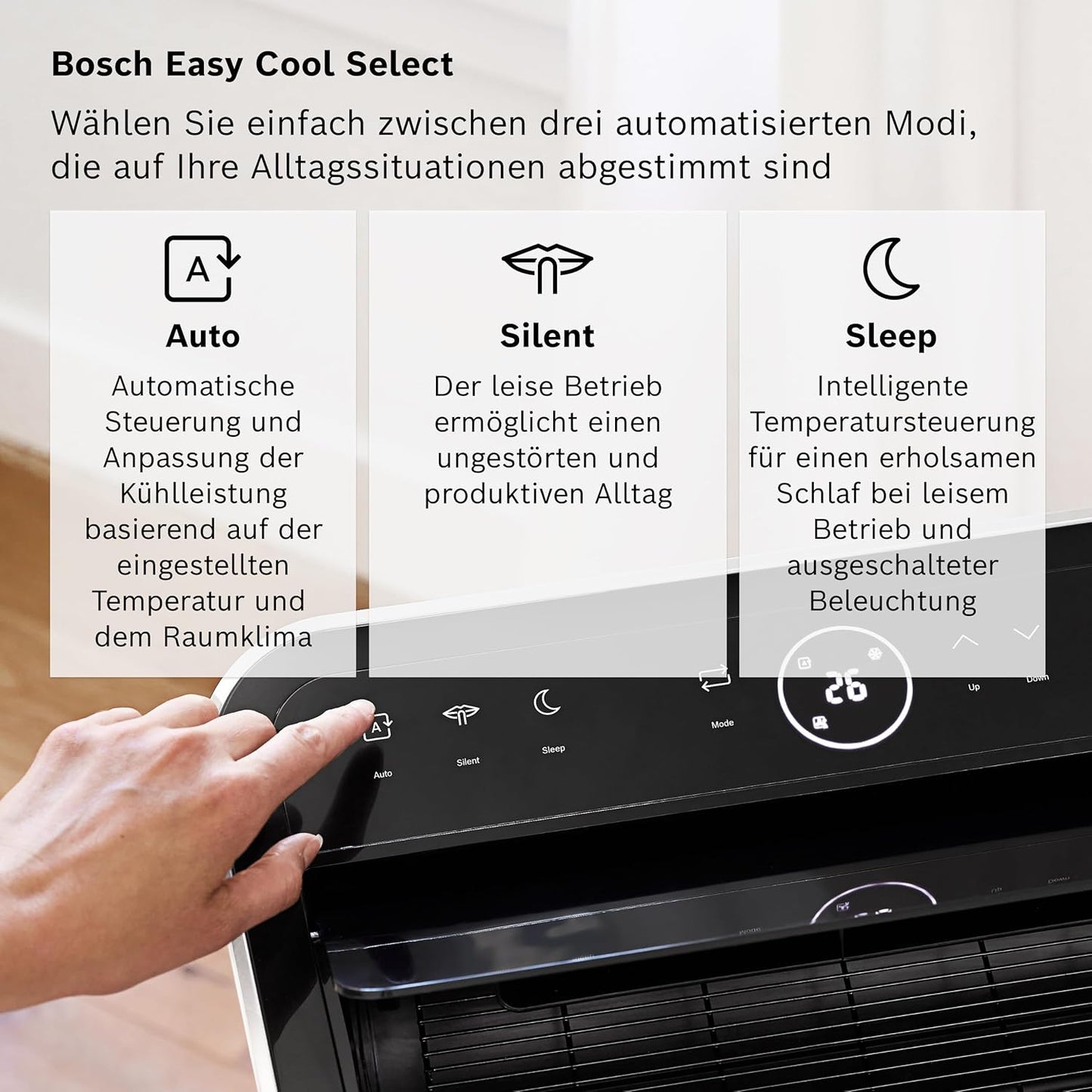 Bosch Cool 5100 Mobiles Klimagerät - 3-in-1 Klimaanlage, Luftentfeuchter, Ventilator - 3,4 kW für Räume bis zu 46 m² - Mit Auto-Modus, Silent-Modus & Sleep-Modus