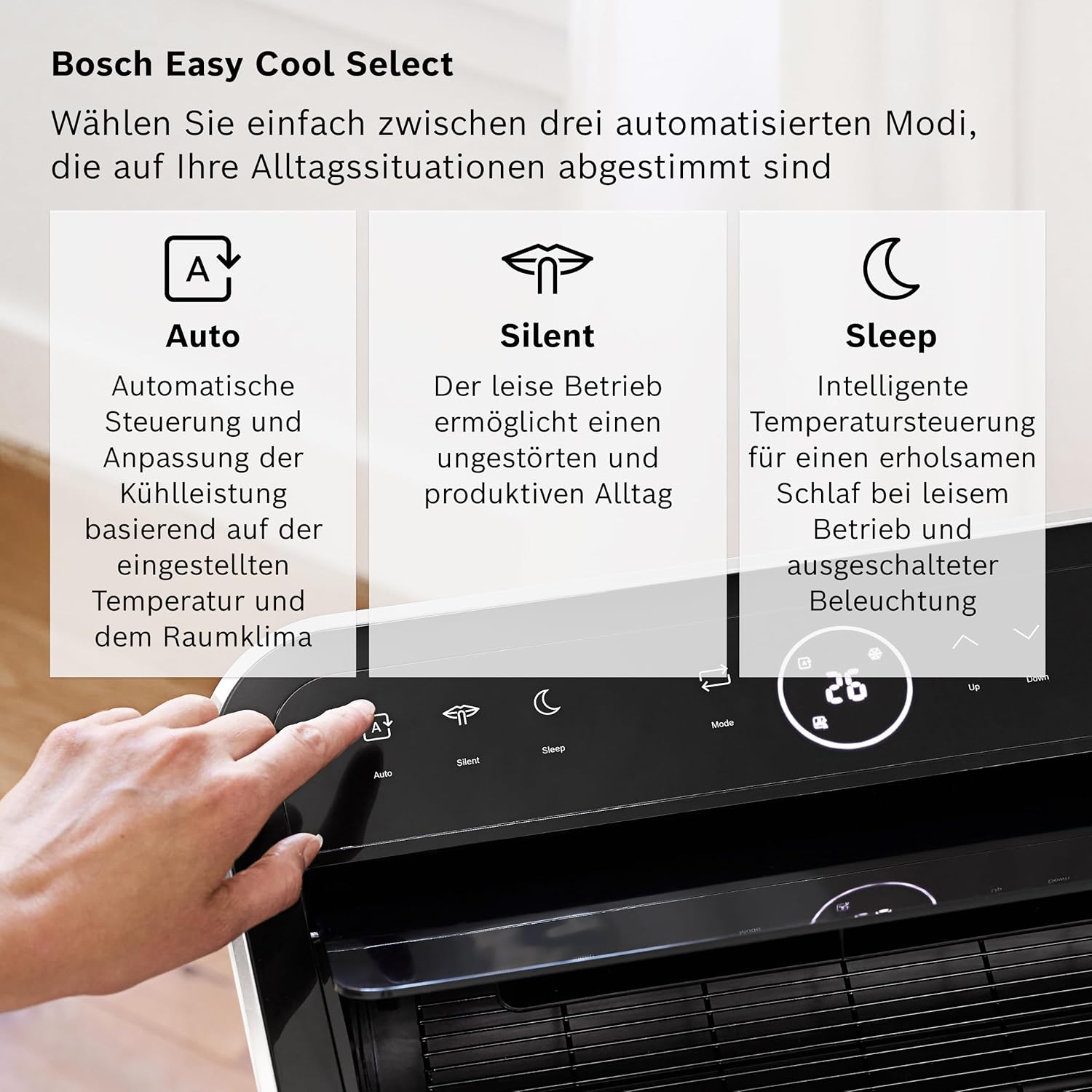 Bosch Cool 5100 Mobiles Klimagerät - 3-in-1 Klimaanlage, Luftentfeuchter, Ventilator - 3,4 kW für Räume bis zu 46 m² - Mit Auto-Modus, Silent-Modus & Sleep-Modus