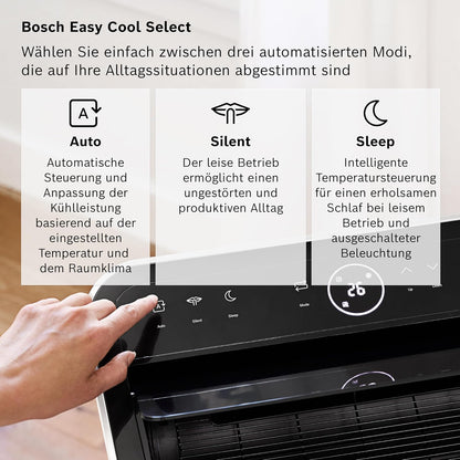 Bosch Cool 5100 Mobiles Klimagerät - 3-in-1 Klimaanlage, Luftentfeuchter, Ventilator - 3,4 kW für Räume bis zu 46 m² - Mit Auto-Modus, Silent-Modus & Sleep-Modus