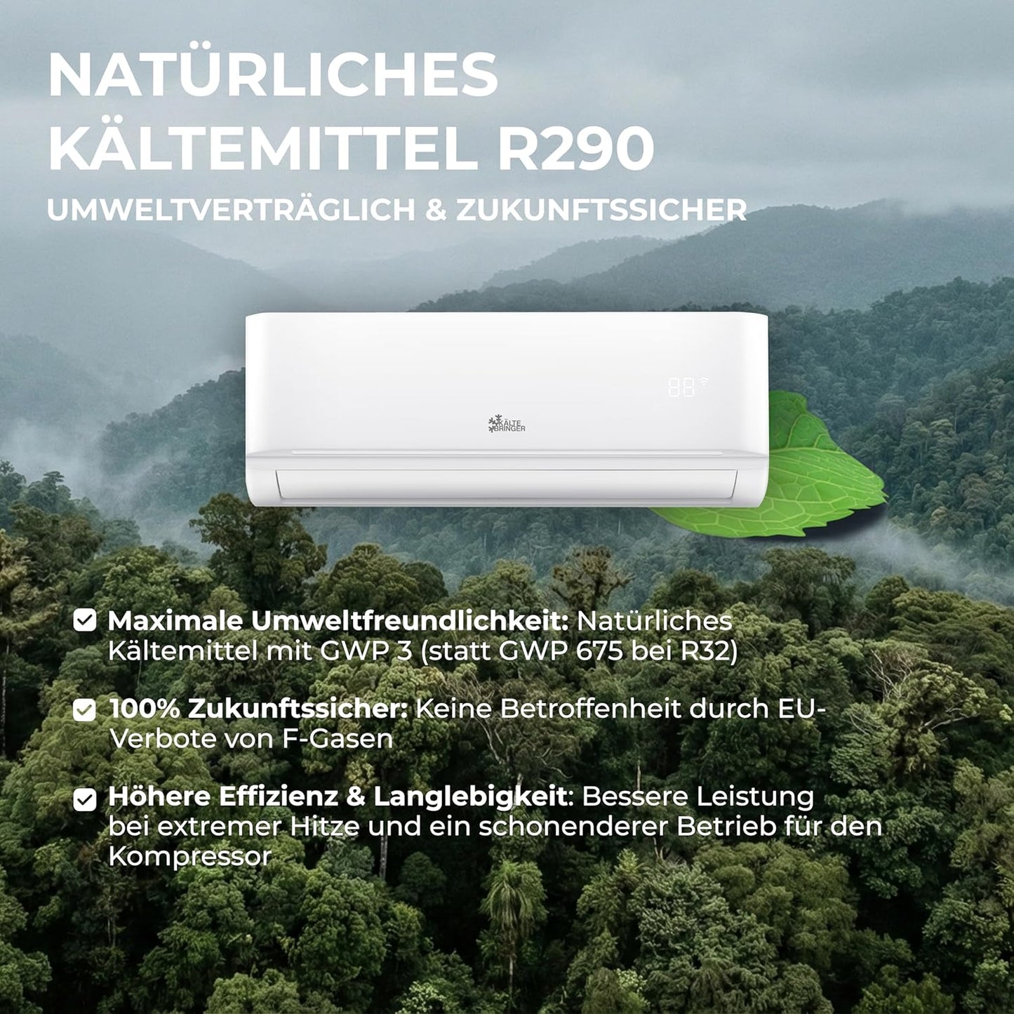 Kältebringer R290 Split Klimaanlage - 12000 BTU - 3,4 kW - Propan Klimagerät mit Heizfunktion, WiFi & App, bis 55qm, sehr leise - 5m Kupferleitung, Kältemittel R290, Montagematerial, Wandhalterung