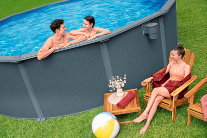 Bestway Hydrium Stahlwandpool Komplett-Set rund 488 x 132 cm Holz-Optik Grau Gartenpool Aufstellpool Sandfilter