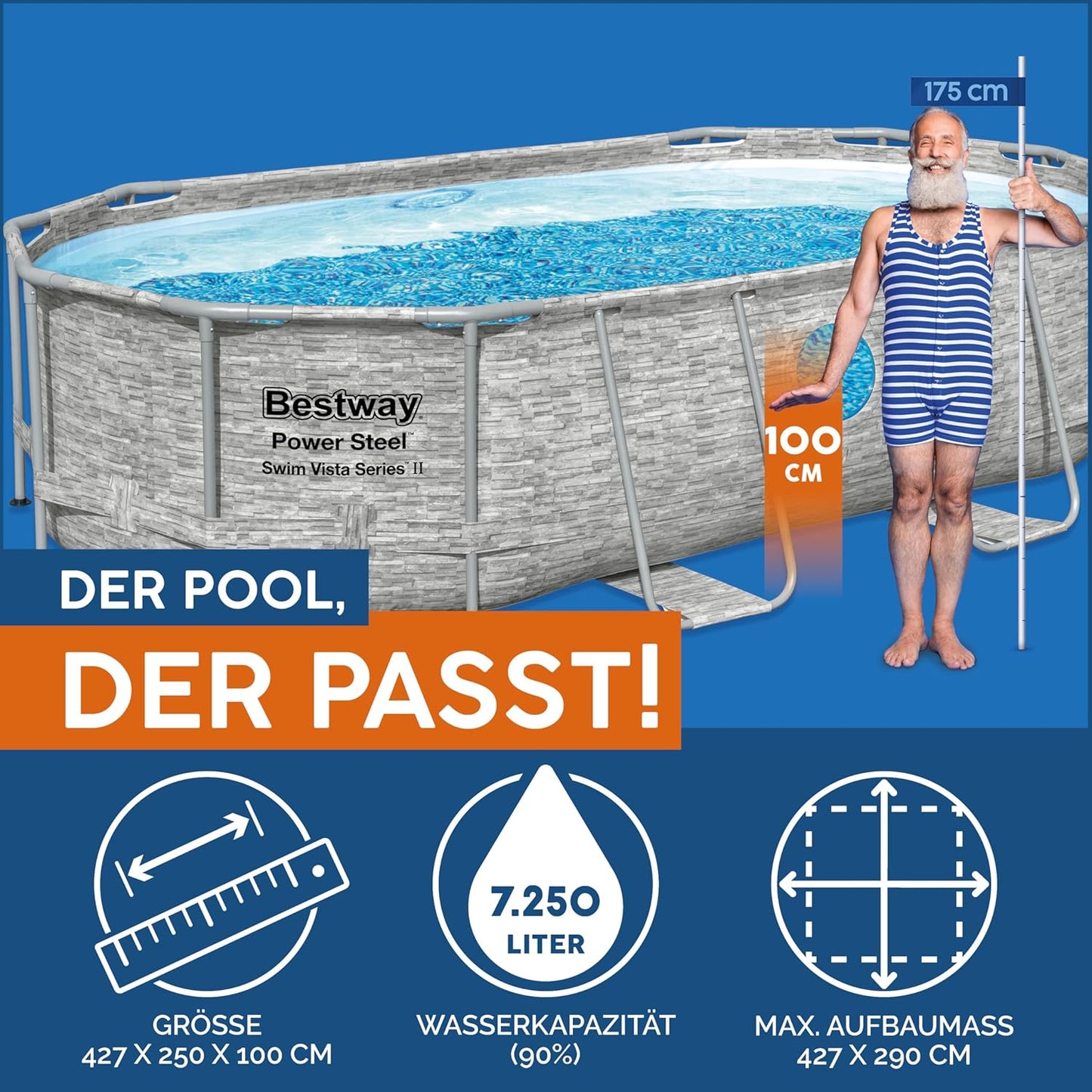 Bestway Power Steel Swim Vista Series Frame Pool Komplett-Set mit Filterpumpe 427 x 250 x 100 cm, Steinwand-Optik (Cremegrau), oval
