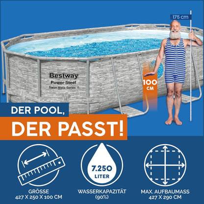 Bestway Power Steel Swim Vista Series Frame Pool Komplett-Set mit Filterpumpe 427 x 250 x 100 cm, Steinwand-Optik (Cremegrau), oval