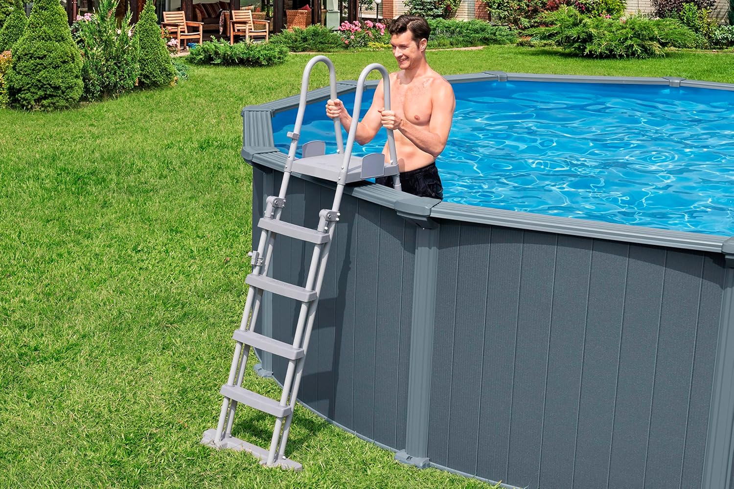 Bestway Hydrium Stahlwandpool Komplett-Set rund 488 x 132 cm Holz-Optik Grau Gartenpool Aufstellpool Sandfilter