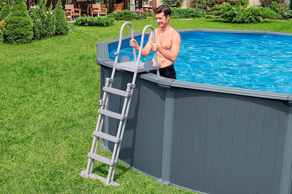 Bestway Hydrium Stahlwandpool Komplett-Set rund 488 x 132 cm Holz-Optik Grau Gartenpool Aufstellpool Sandfilter