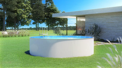 Steinbach Stahlwandpool New Splasher Secure – 011002 – Ø 350 x 90 m – Runder Pool in Weiß und blauer Innenfolie für bis zu 7.800 l Wasserinhalt – Mit Einhänge-Kartuschenfilteranlage und Leiter