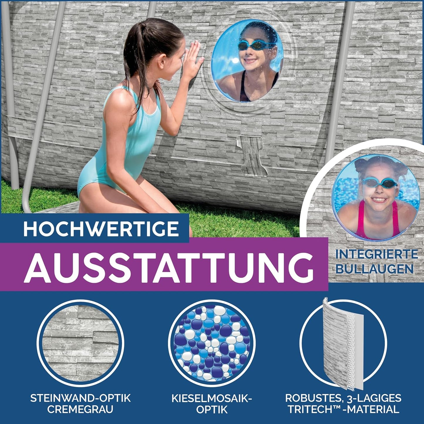 Bestway Power Steel Swim Vista Series Frame Pool Komplett-Set mit Filterpumpe 427 x 250 x 100 cm, Steinwand-Optik (Cremegrau), oval