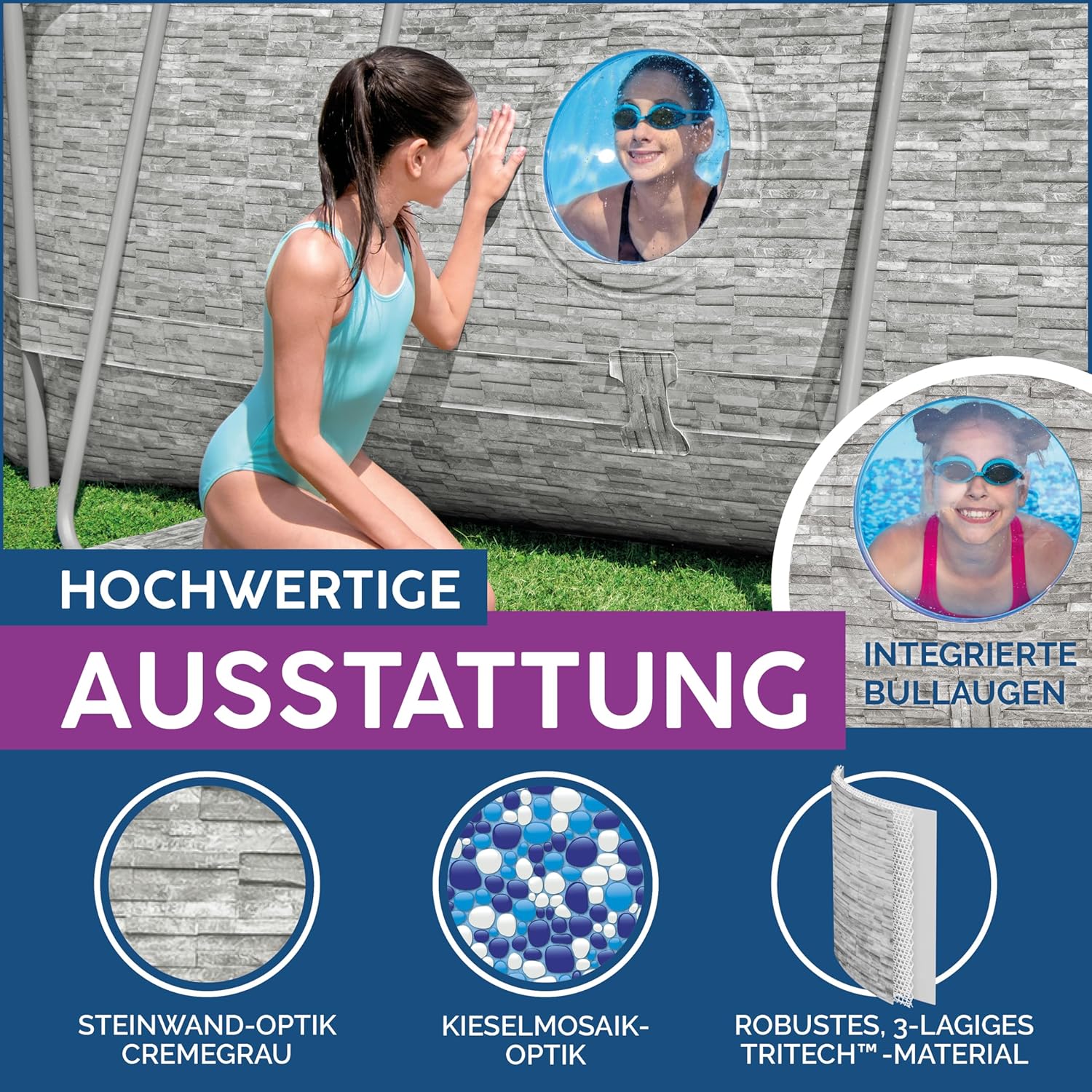 Bestway Power Steel Swim Vista Series Frame Pool Komplett-Set mit Filterpumpe 427 x 250 x 100 cm, Steinwand-Optik (Cremegrau), oval