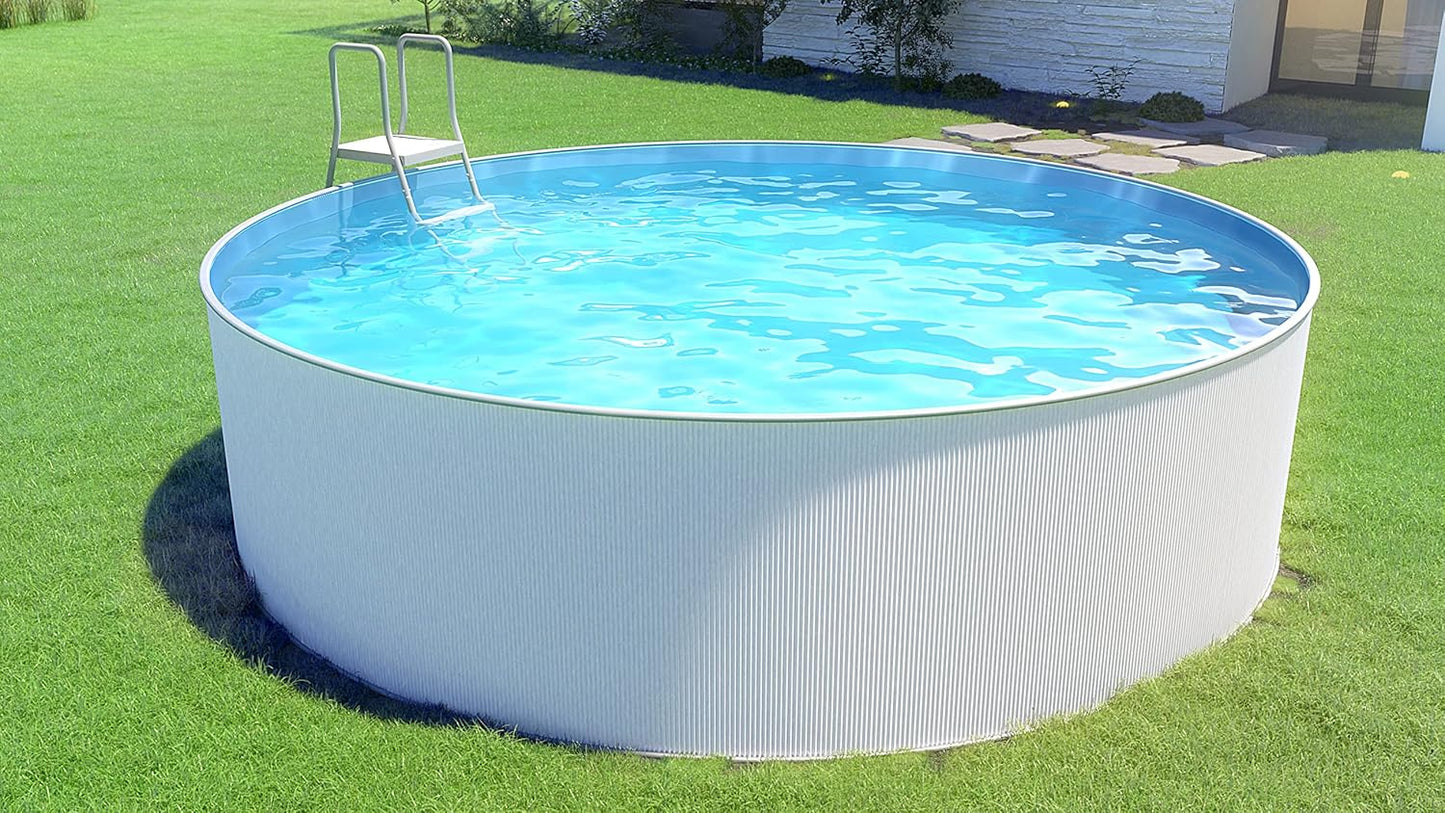 Steinbach Stahlwandpool New Splasher Secure – 011002 – Ø 350 x 90 m – Runder Pool in Weiß und blauer Innenfolie für bis zu 7.800 l Wasserinhalt – Mit Einhänge-Kartuschenfilteranlage und Leiter