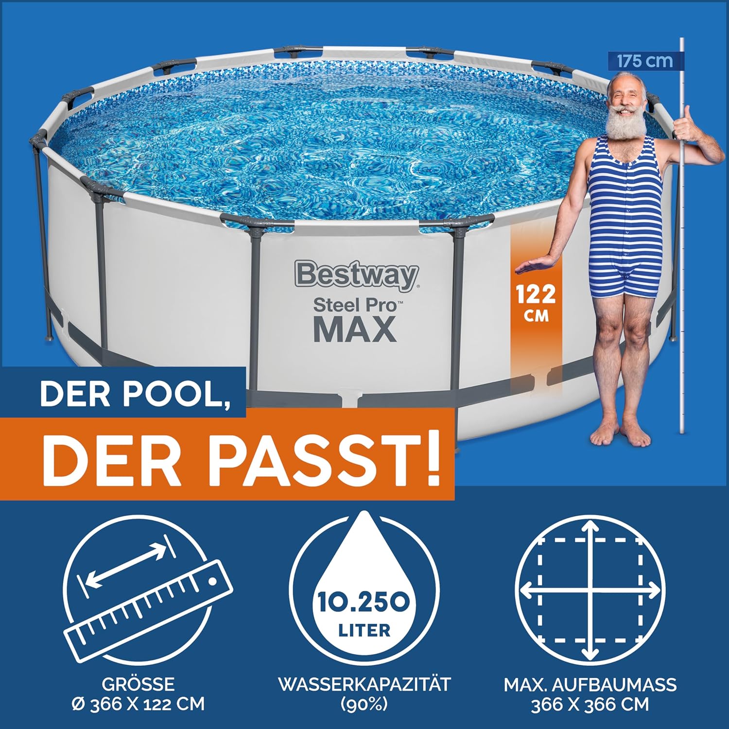 Bestway Steel Pro MAX™ Aufstellpool Komplett-Set mit Filterpumpe Ø 366 x 122 cm, lichtgrau, rund