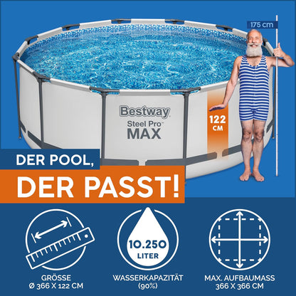 Bestway Steel Pro MAX™ Aufstellpool Komplett-Set mit Filterpumpe Ø 366 x 122 cm, lichtgrau, rund
