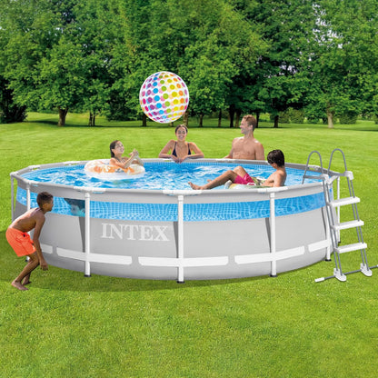 Intex 26722NP – Aufstellpool Prism Frame Clearview Rund, Filterpumpe 3785 L/h, Leiter, Bodenplane und Abdeckplane, 12706 L, Stahl und PVC, Grau, 427x107 cm
