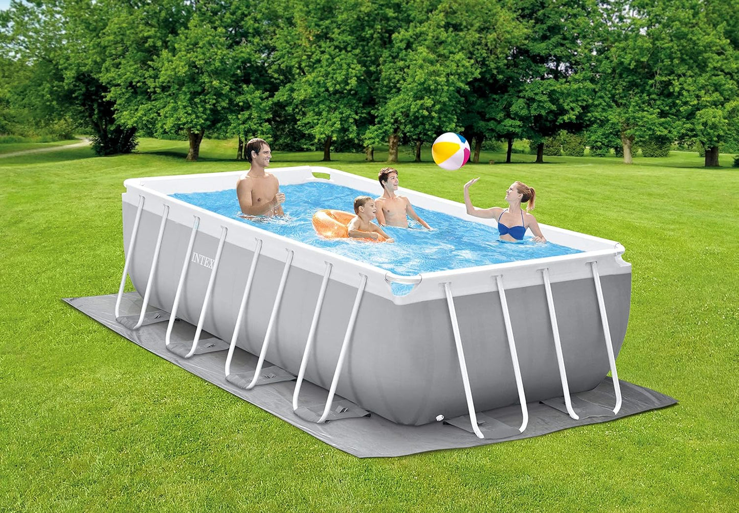 INTEX "PrismFrame" Pool rechteckig Aufstellpool Komplettset (400 x 200 x 122 cm) inkl. 12V Filterpumpe & Sicherheitsleiter Familienpool Swimmingpool Volumen ca 8.418l, blau (26790GN)