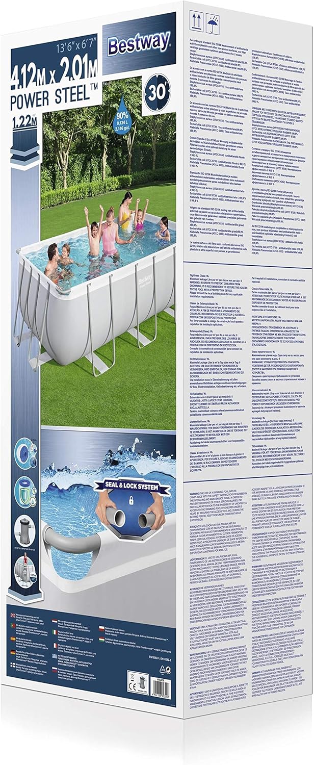 BESTWAY Power Steel Rectangular Pool Set 412x201x122 cm, Stahlrahmenpool-Set mit Filterpumpe und Zubehör