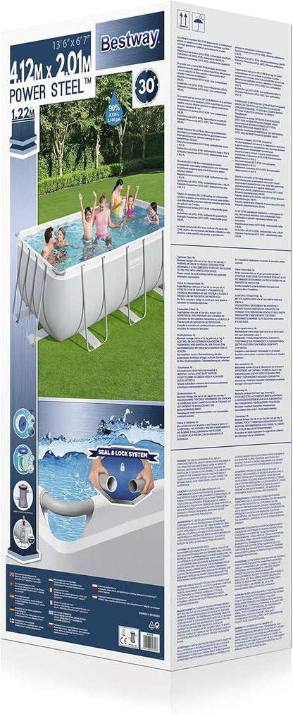 BESTWAY Power Steel Rectangular Pool Set 412x201x122 cm, Stahlrahmenpool-Set mit Filterpumpe und Zubehör