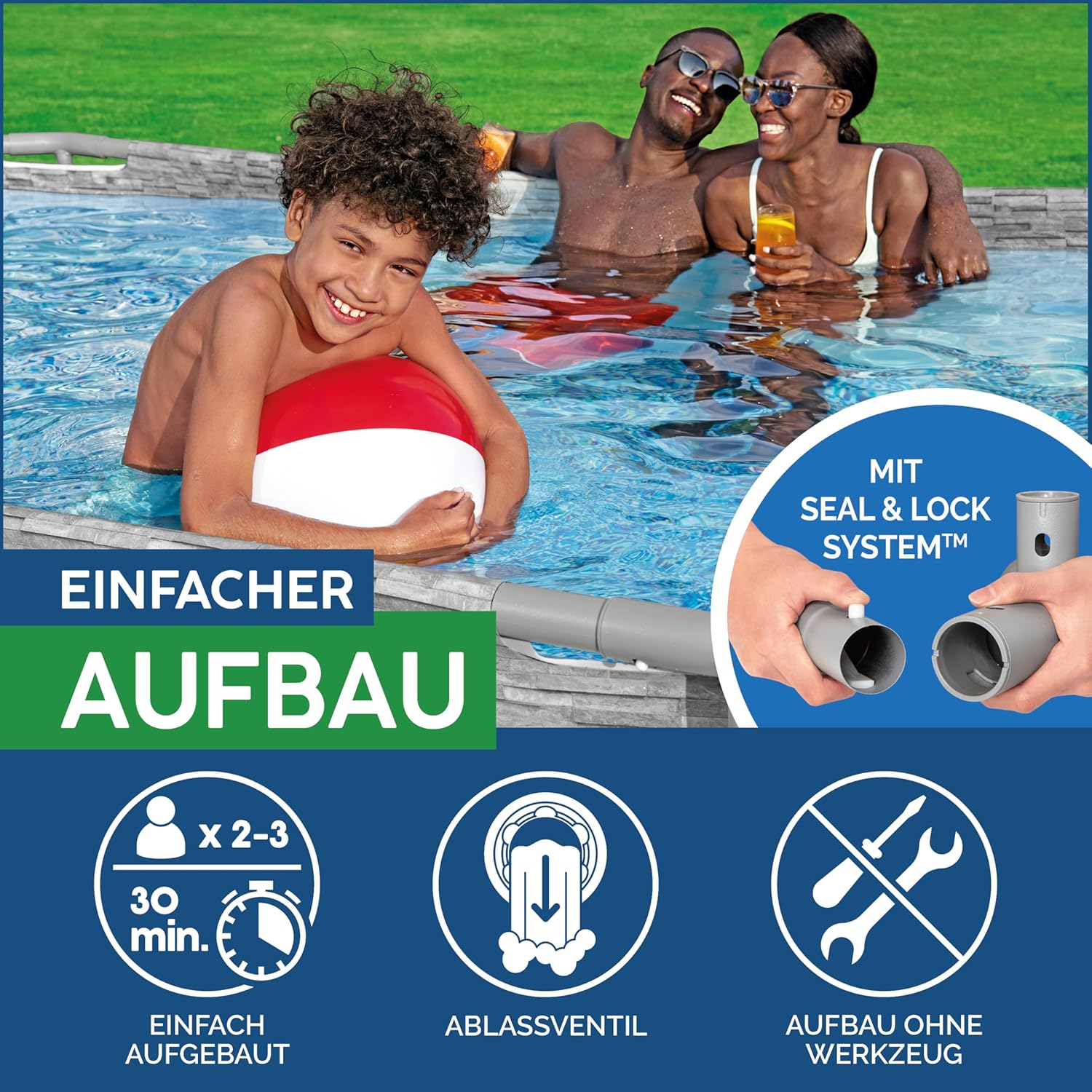 Bestway Power Steel Swim Vista Series Frame Pool Komplett-Set mit Filterpumpe 427 x 250 x 100 cm, Steinwand-Optik (Cremegrau), oval