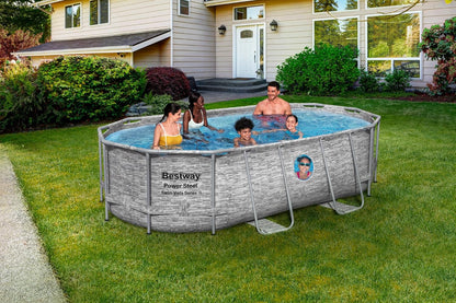 Bestway Power Steel Swim Vista Series Frame Pool Komplett-Set mit Filterpumpe 427 x 250 x 100 cm, Steinwand-Optik (Cremegrau), oval
