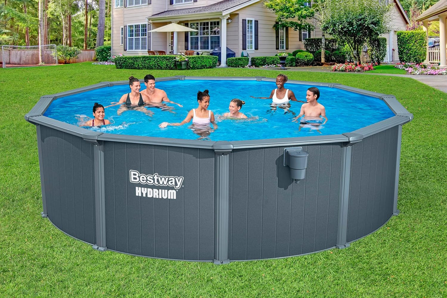 Bestway Hydrium Stahlwandpool Komplett-Set rund 488 x 132 cm Holz-Optik Grau Gartenpool Aufstellpool Sandfilter