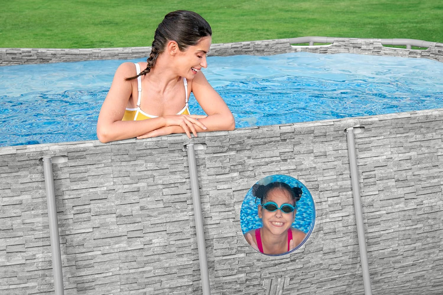 Bestway Power Steel Swim Vista Series Frame Pool Komplett-Set mit Filterpumpe 427 x 250 x 100 cm, Steinwand-Optik (Cremegrau), oval