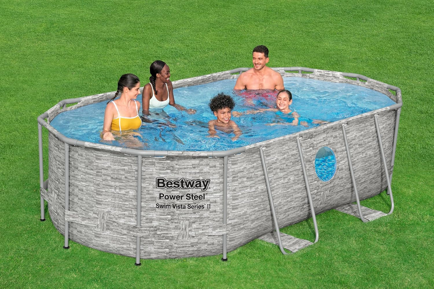 Bestway Power Steel Swim Vista Series Frame Pool Komplett-Set mit Filterpumpe 427 x 250 x 100 cm, Steinwand-Optik (Cremegrau), oval