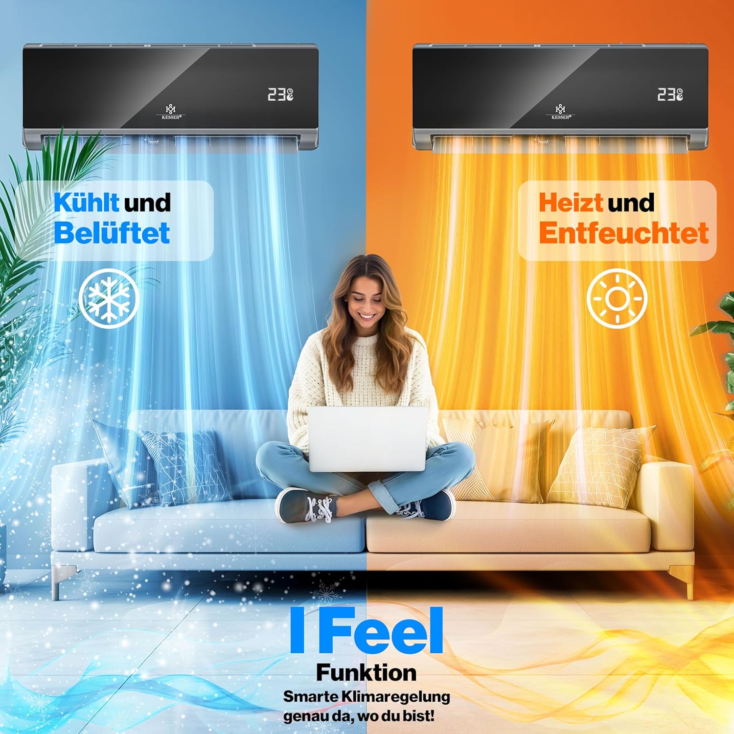 KESSER® Multisplit Klimaanlage 2 Innengeräte, 18000 BTU, Split Klimagerät Set mit WiFi/App, Heizen & Kühlen, Inverter, Eco-Modus, Luftentfeuchter & Ventilator, sehr leise, R32, Montagematerial